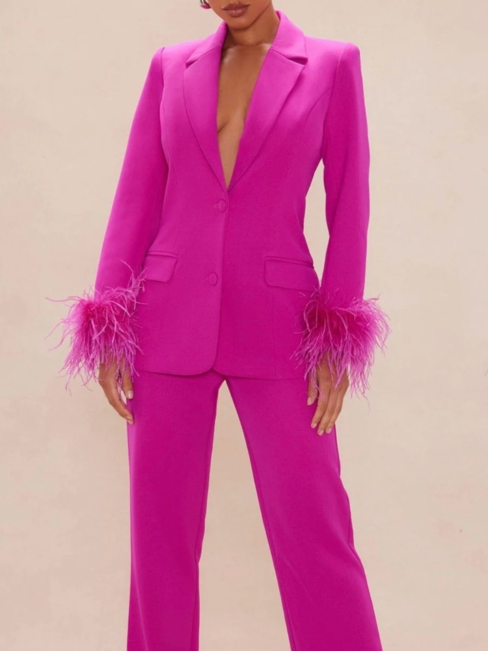 Fashion Nova Luxe Feather-Cuff Fuchsia Women's Pant Suit Size Medium